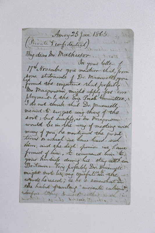 Letter of Carstairs Douglas-杜嘉德信函，對於馬雅各醫生申請來台的看法-1865-01